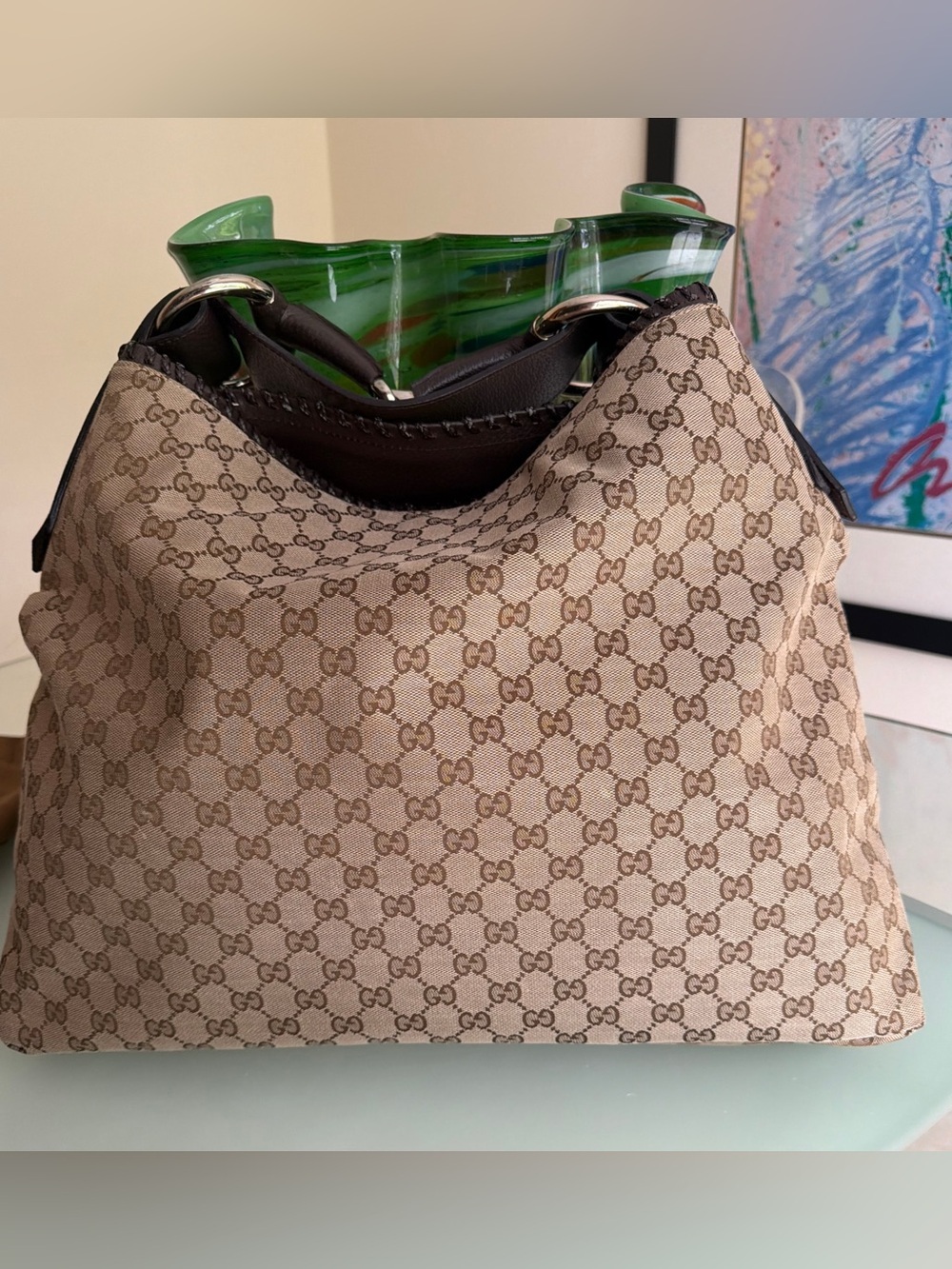 ICONIC VTG GUCCI Large GG Canvas Horsebit Hobo Bag w Leather Trim - EVC w Duster - Picture 9 of 16